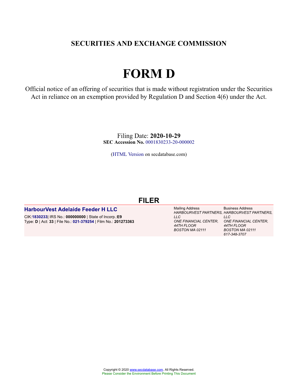 Harbourvest Adelaide Feeder H LLC Form D Filed 2020-10-29