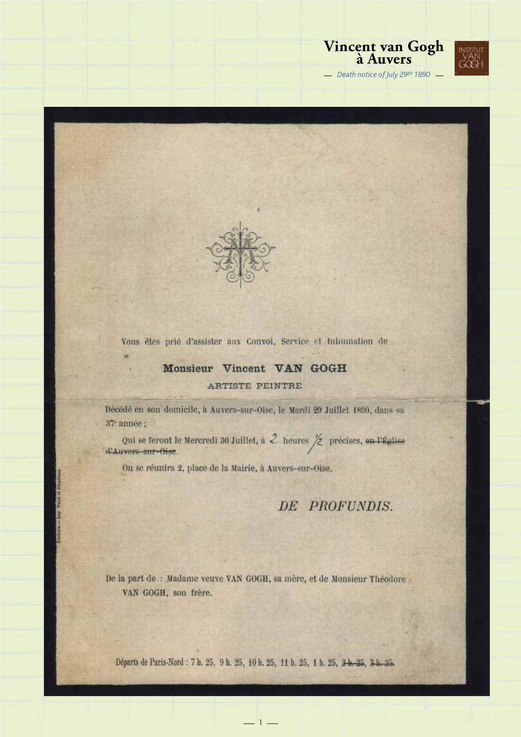 Vincent Van Gogh À Auvers Death Notice of July 29Th 1890