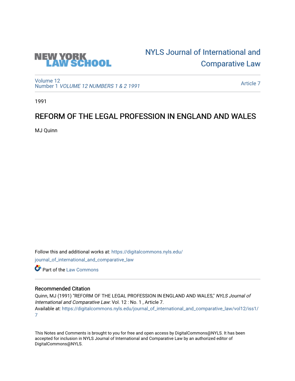 Reform of the Legal Profession in England and Wales