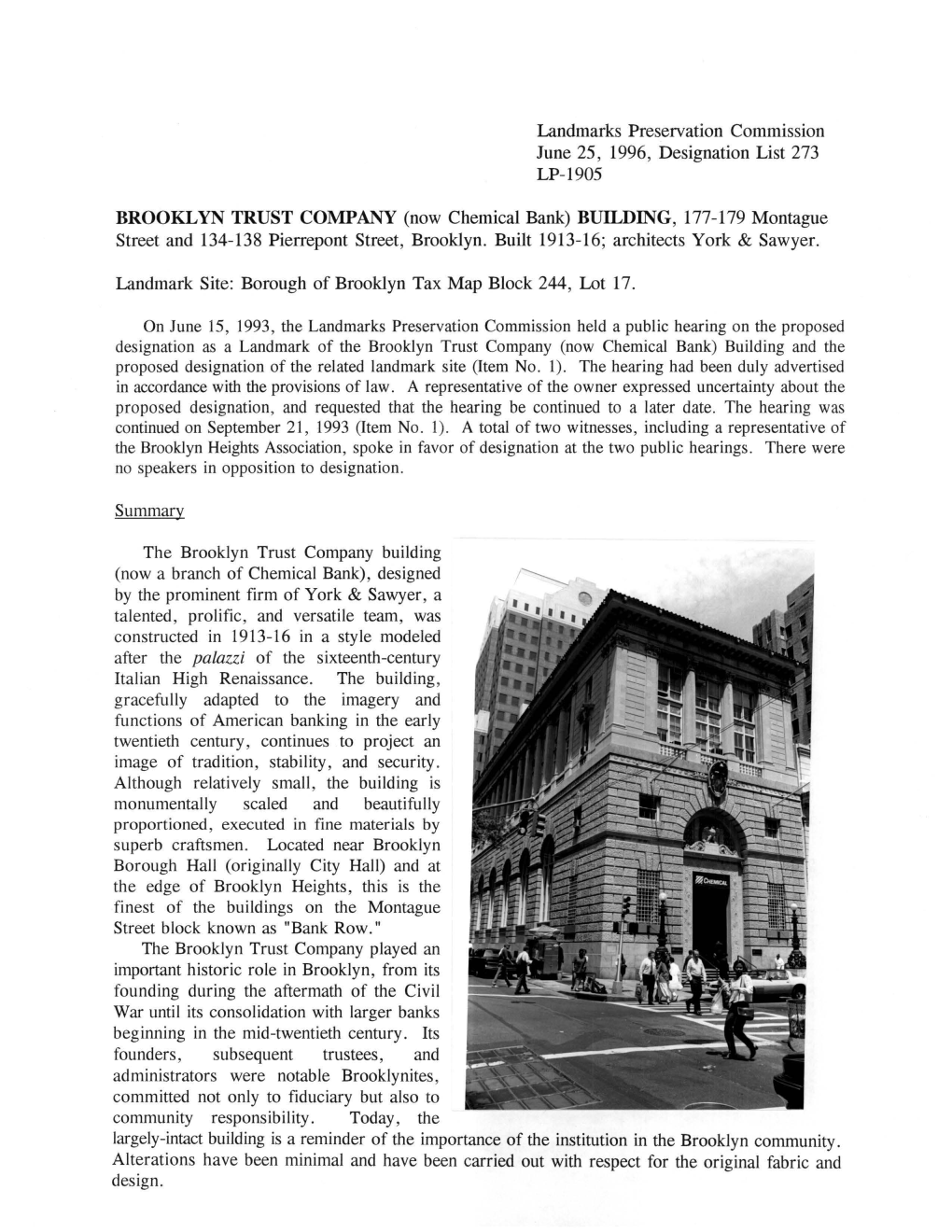 BROOKLYN TRUST COMPANY (Now Chemical Bank) BUILDING, 177-179 Montague Street and 134-138 Pierrepont Street, Brooklyn