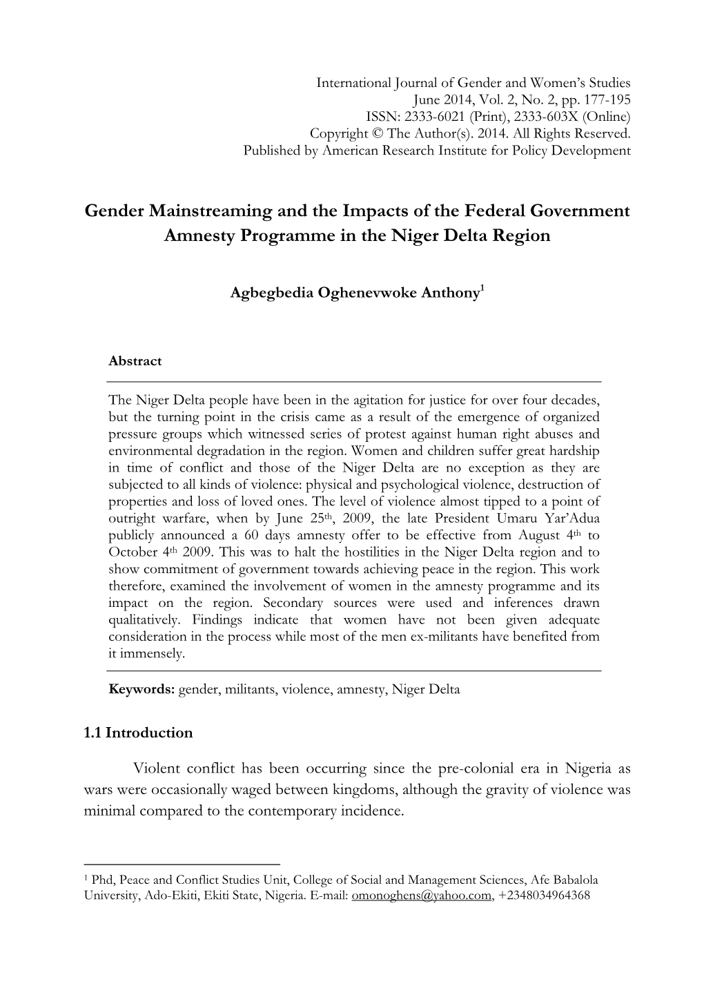 Gender Mainstreaming and the Impacts of the Federal Government Amnesty Programme in the Niger Delta Region