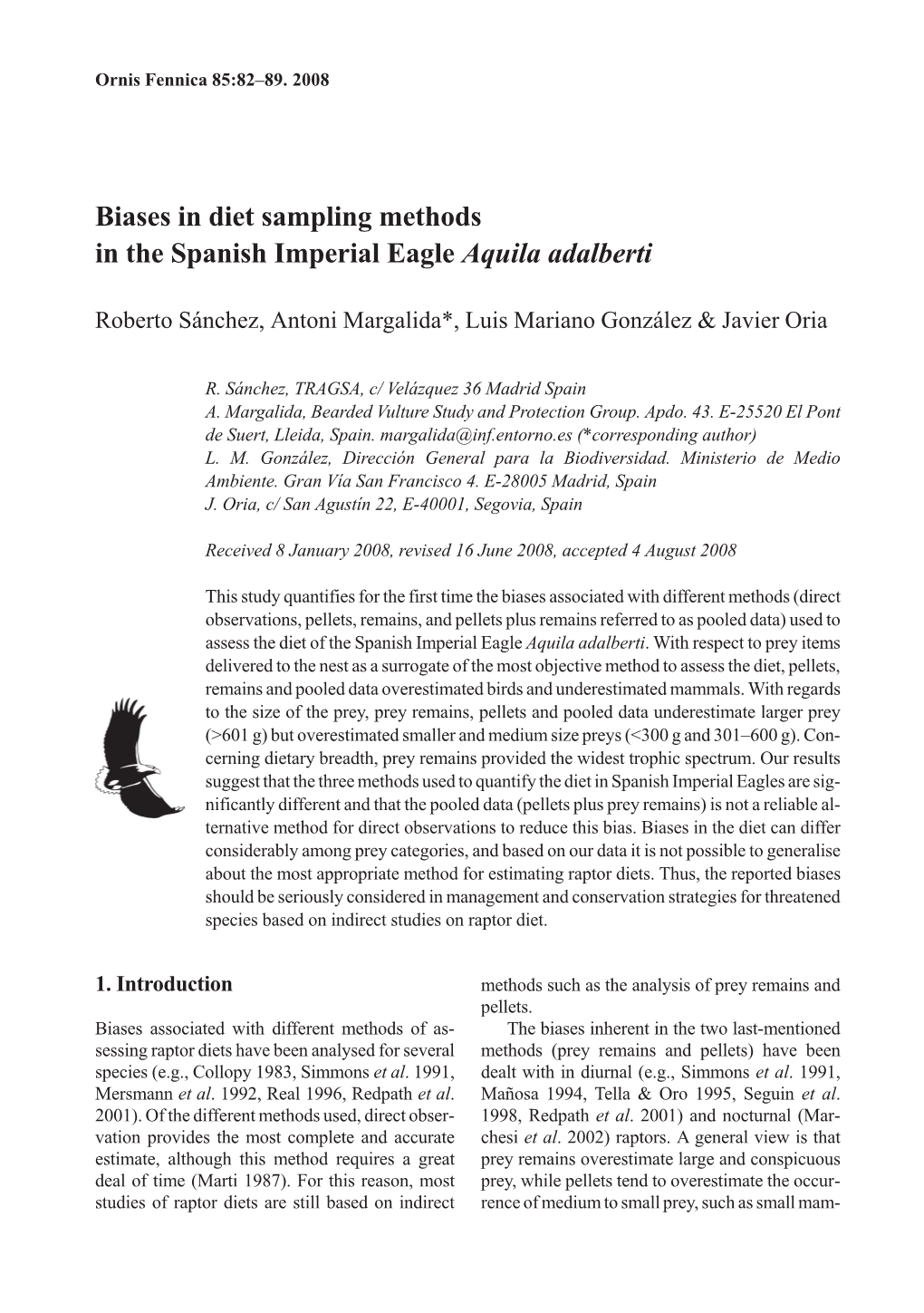 Biases in Diet Sampling Methods in the Spanish Imperial Eagle Aquila Adalberti