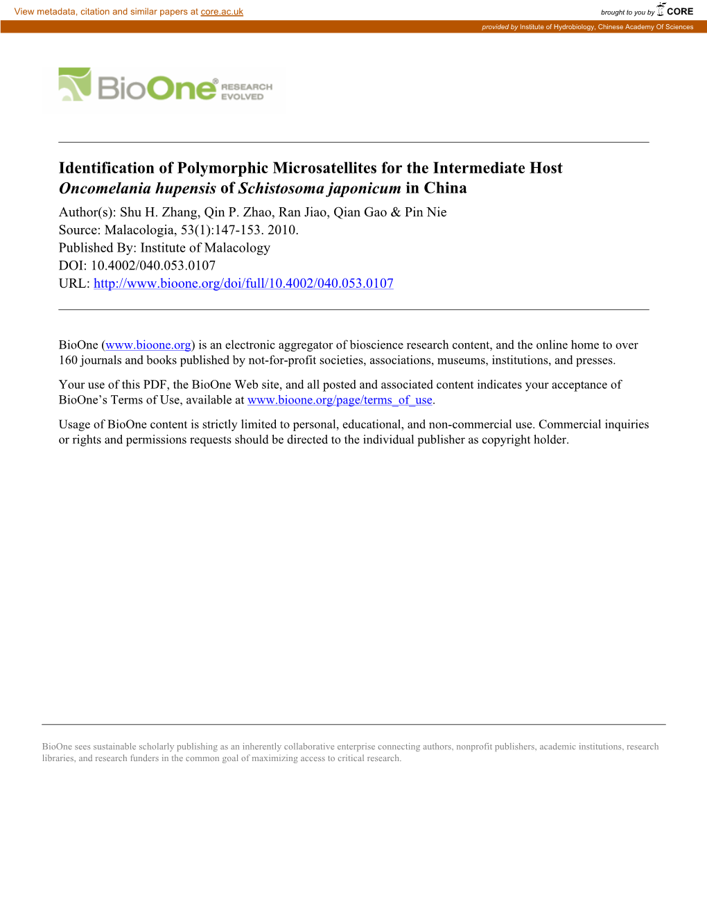 Identification of Polymorphic Microsatellites for the Intermediate Host Oncomelania Hupensis of Schistosoma Japonicum in China Author(S): Shu H