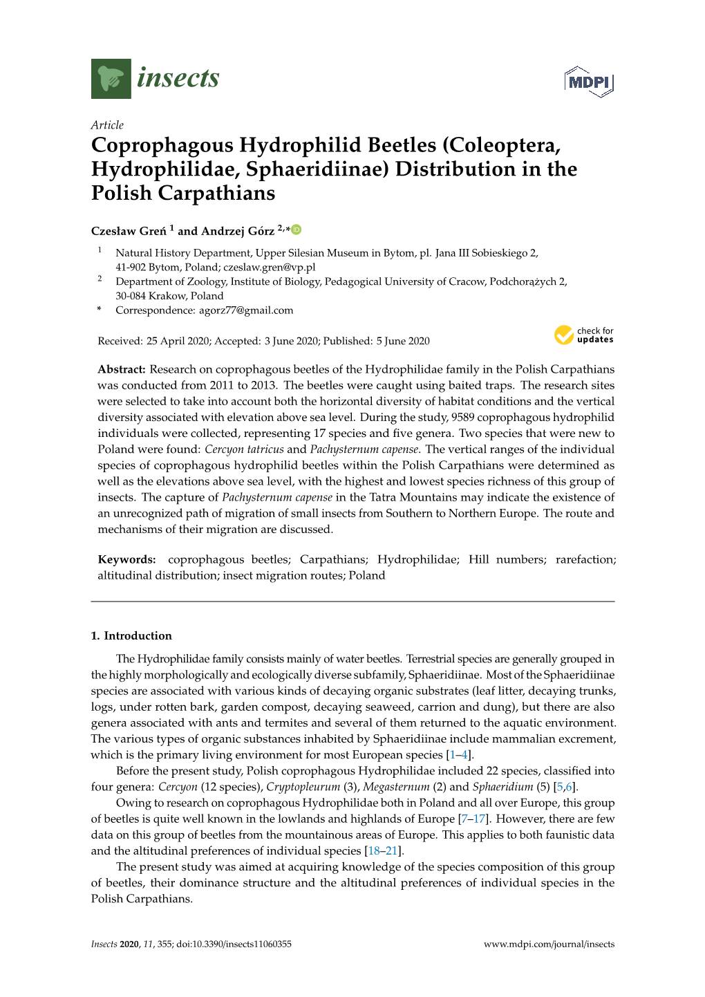 Coprophagous Hydrophilid Beetles (Coleoptera, Hydrophilidae, Sphaeridiinae) Distribution in the Polish Carpathians