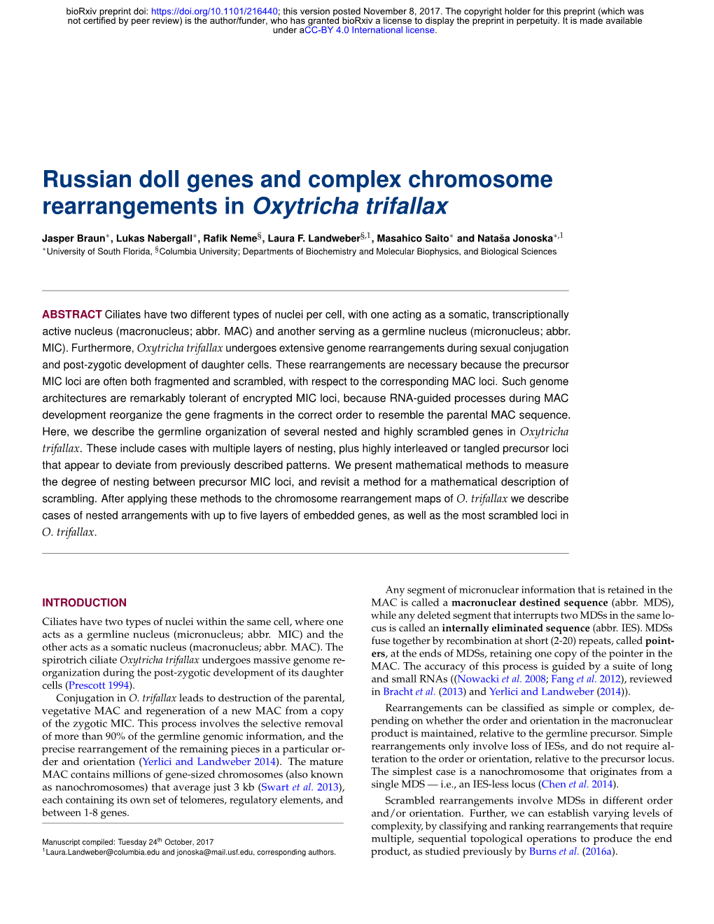 Russian Doll Genes and Complex Chromosome Rearrangements in Oxytricha Trifallax
