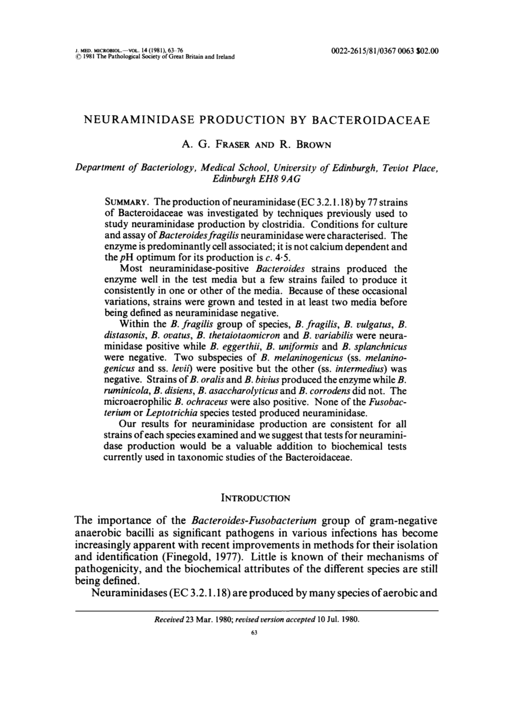 Neuraminidase Production by Bacteroidaceae A. G. Fraser