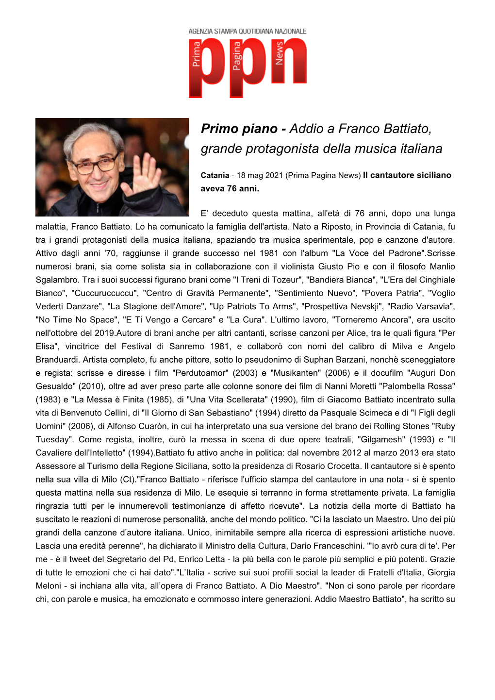 Addio a Franco Battiato, Grande Protagonista Della Musica Italiana