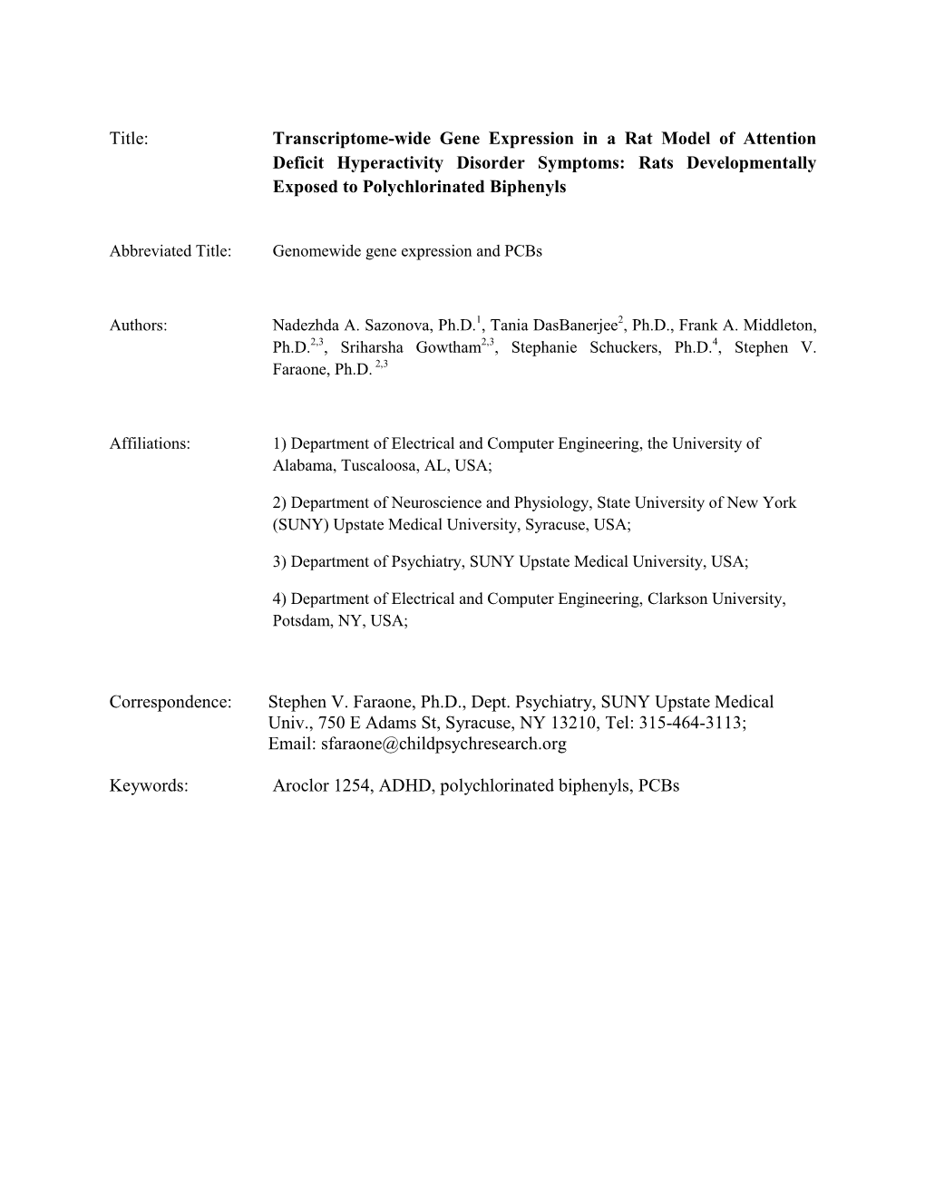 Transcriptome-Wide Gene Expression in a Rat Model of Attention Deficit Hyperactivity Disorder Symptoms: Rats Developmentally Exposed to Polychlorinated Biphenyls