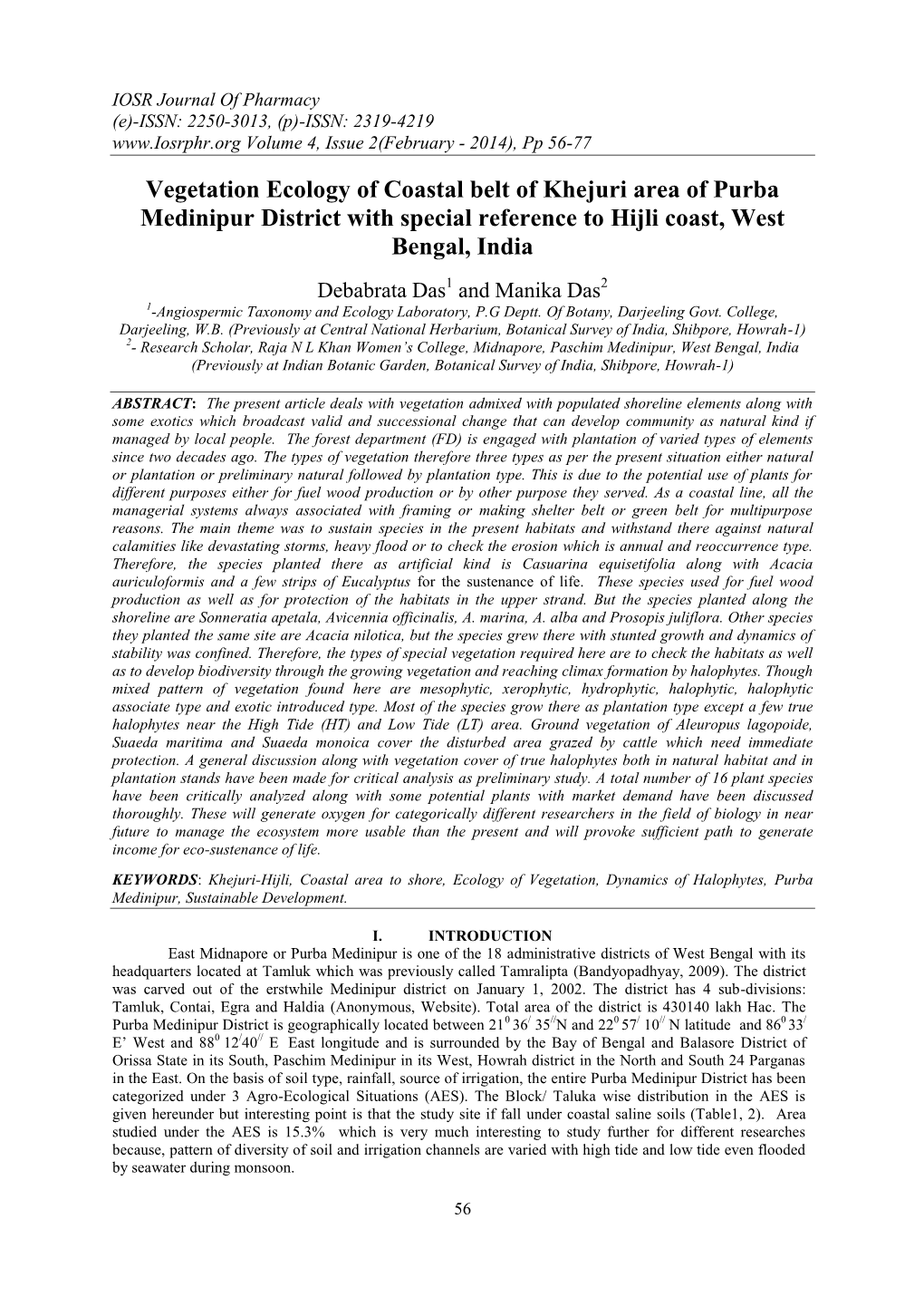 Vegetation Ecology of Coastal Belt of Khejuri Area of Purba Medinipur District with Special Reference to Hijli Coast, West Bengal, India