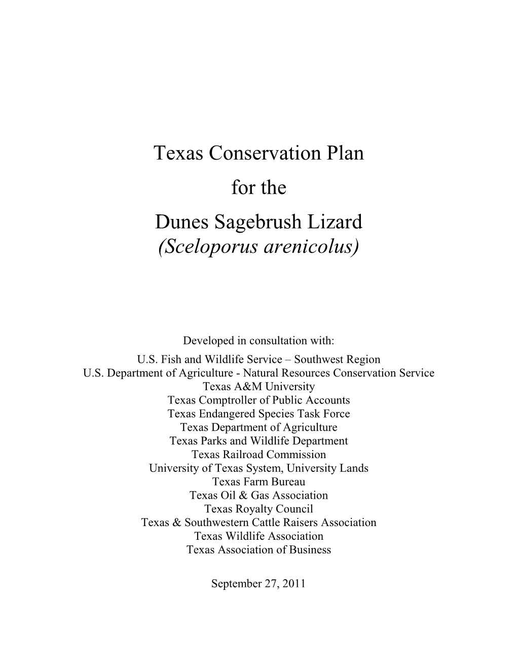 Texas Conservation Plan for the Dune Sagebrush Lizard