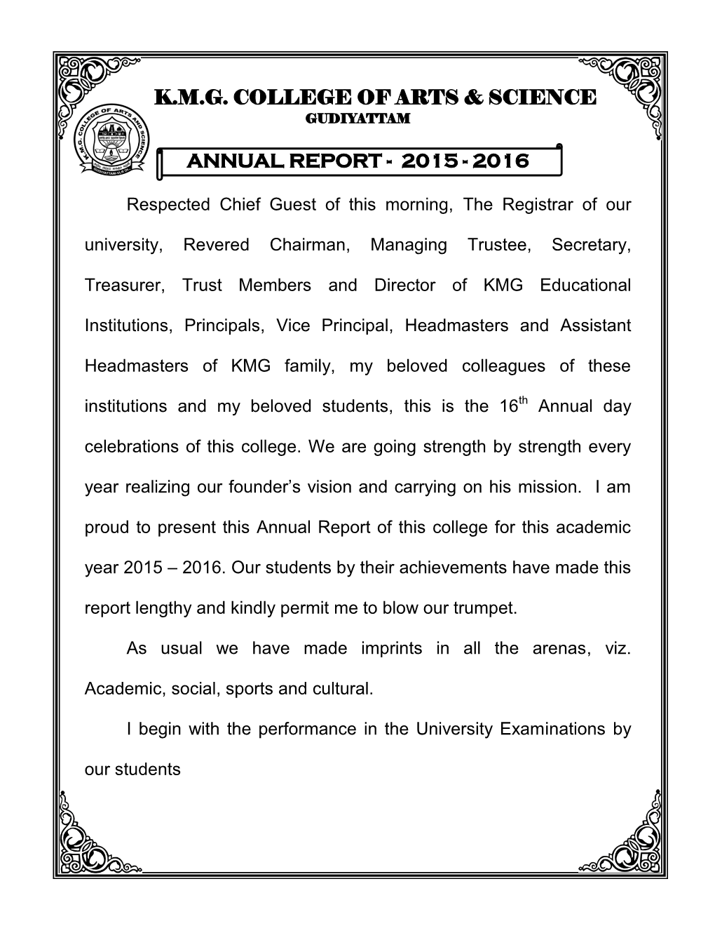 K.M.G. College of Arts & Science Annual Report