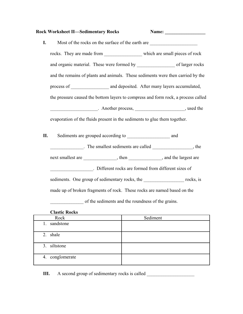 Rock Worksheet II Sedimentary Rocks