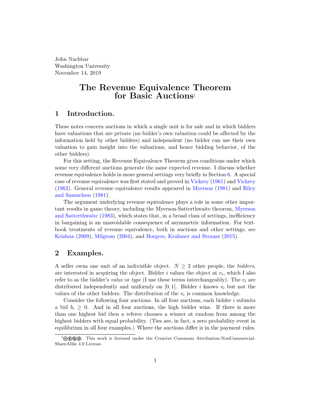 The Revenue Equivalence Theorem for Basic Auctions1