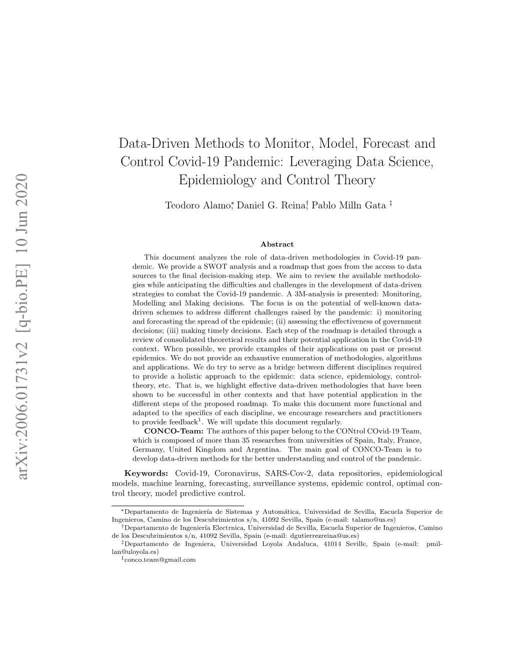 Data-Driven Methods to Monitor, Model, Forecast and Control Covid-19 Pandemic: Leveraging Data Science, Epidemiology and Control Theory