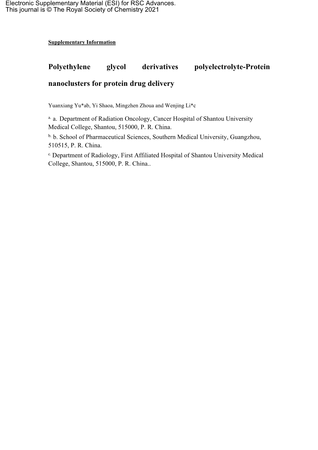 Polyethylene Glycol Derivatives Polyelectrolyte-Protein Nanoclusters