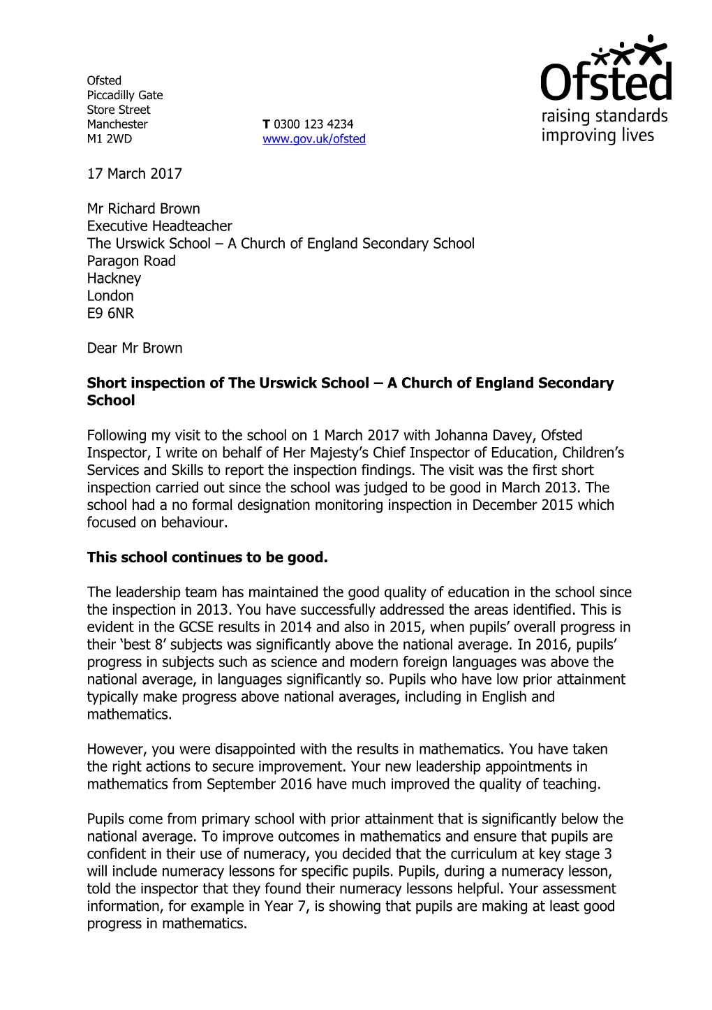 17 March 2017 Mr Richard Brown Executive Headteacher The