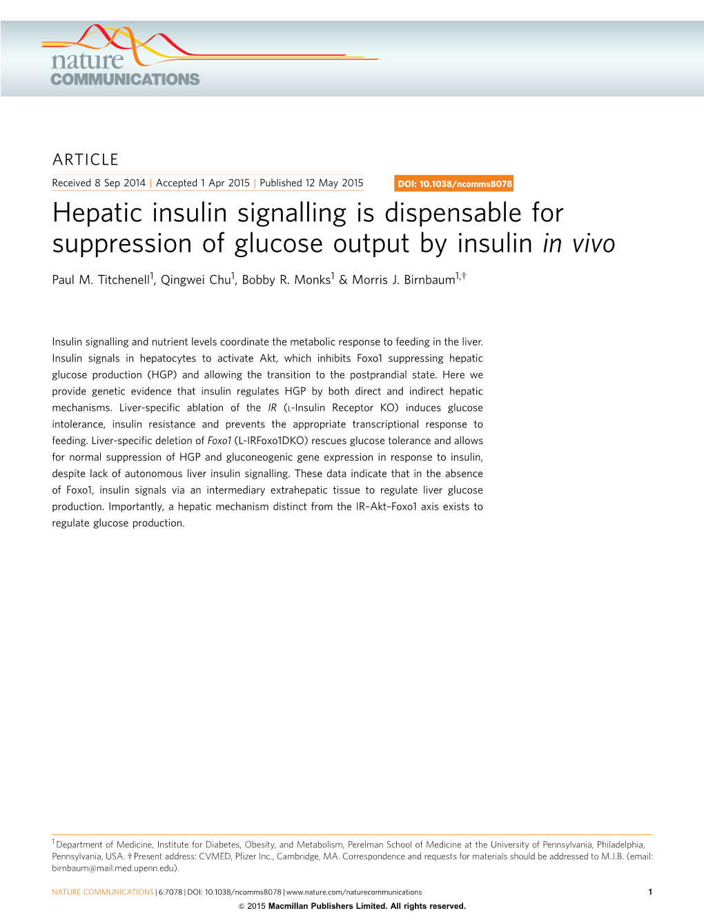 Hepatic Insulin Signalling Is Dispensable for Suppression of Glucose Output by Insulin in Vivo