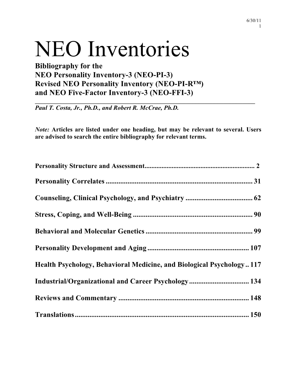 Revised NEO Personality Inventory (NEO-PI-R™) and NEO Five-Factor Inventory-3 (NEO-FFI-3) ______Paul T