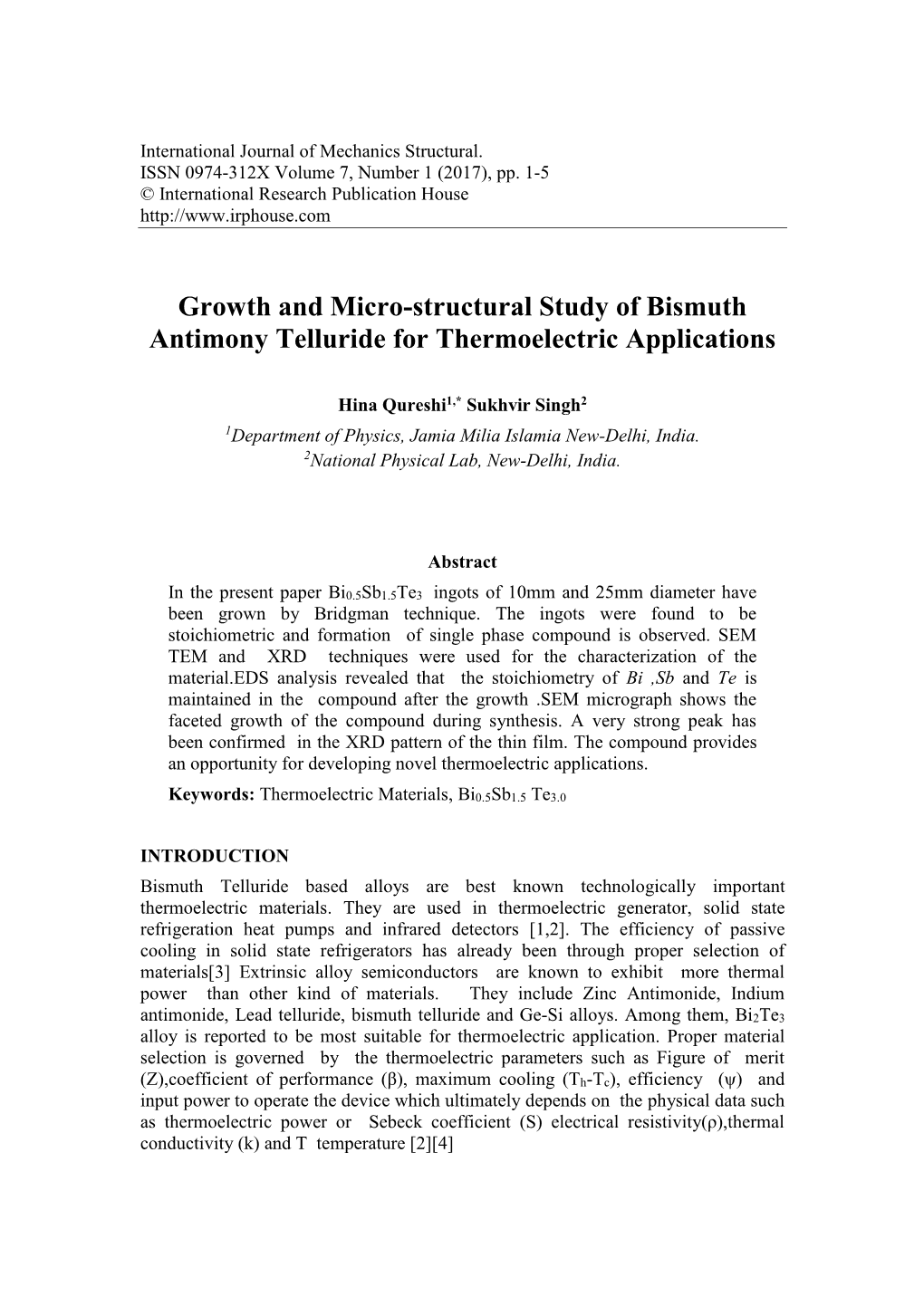 Growth and Micro-Structural Study of Bismuth Antimony Telluride for Thermoelectric Applications