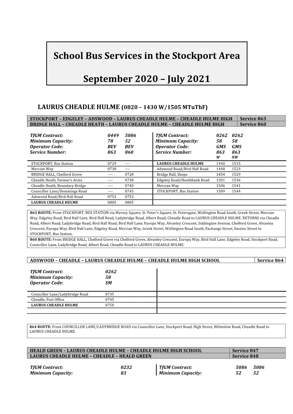 School Bus Services in the Stockport Area September 2020