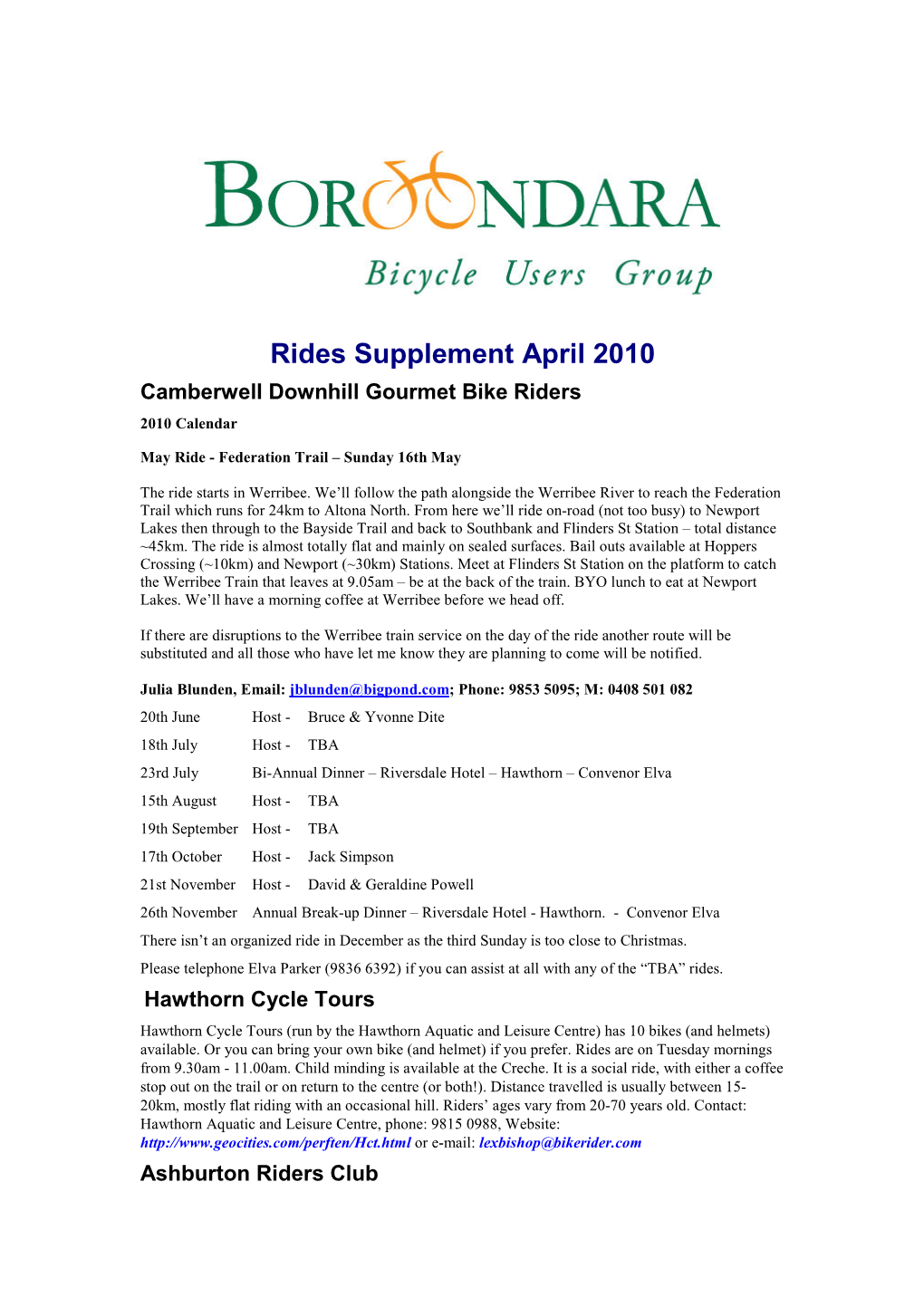 Rides Supplement April 2010 Camberwell Downhill Gourmet Bike Riders 2010 Calendar