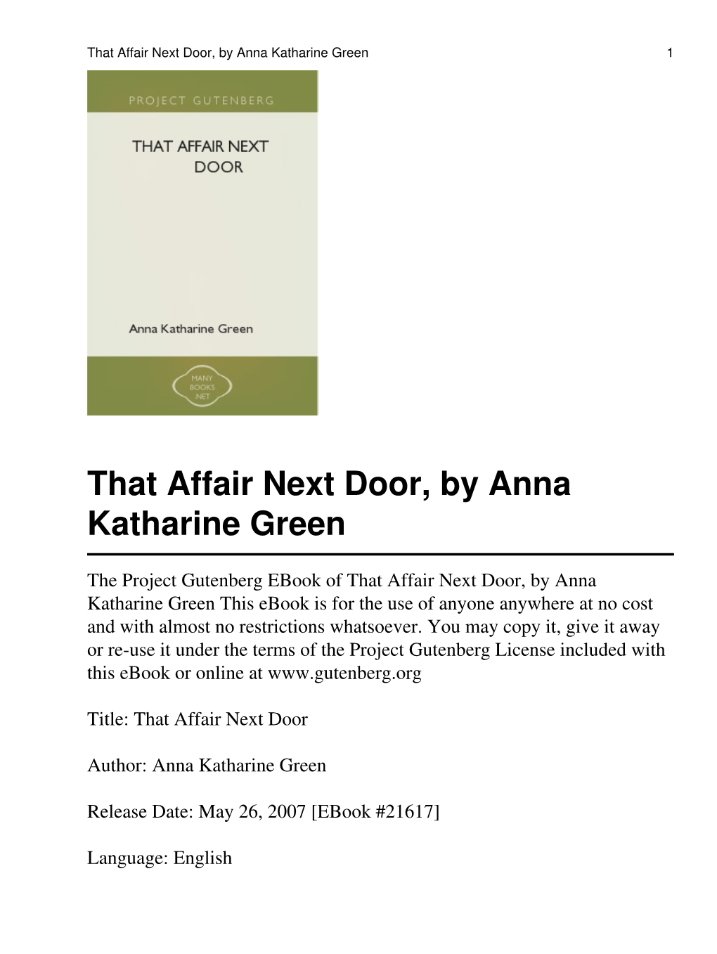 That Affair Next Door, by Anna Katharine Green 1