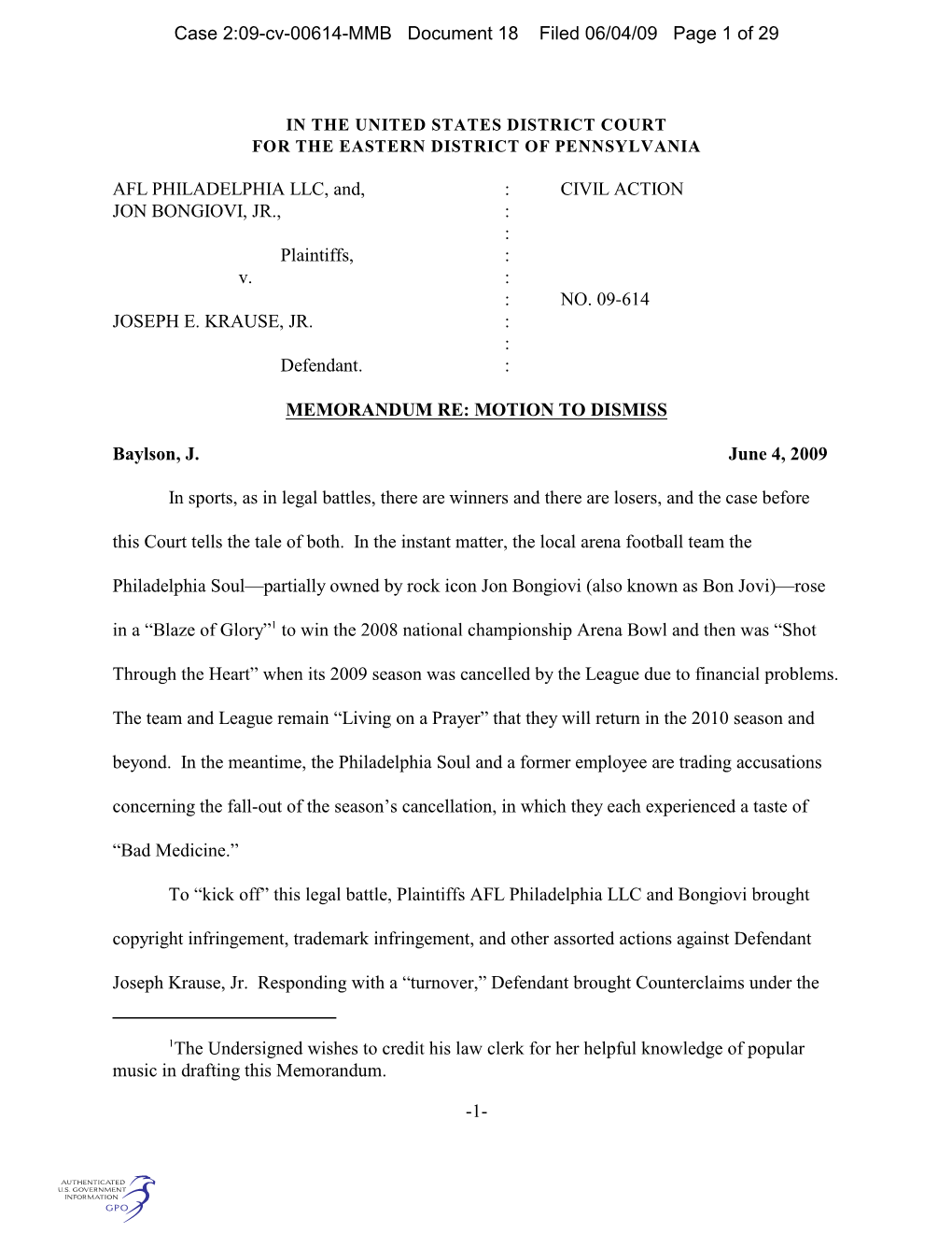 The Undersigned Wishes to Credit His Law Clerk for Her Helpful Knowledge of Popular Music in Drafting This Memorandum. -1- AFL P