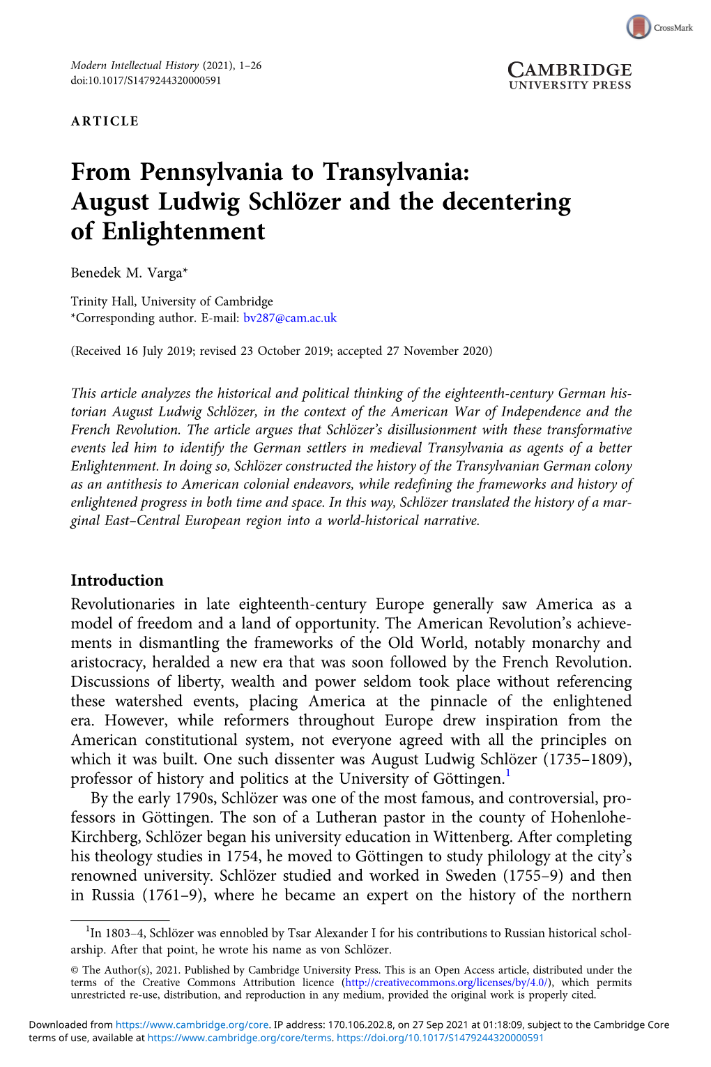 From Pennsylvania to Transylvania: August Ludwig Schlözer and the Decentering of Enlightenment