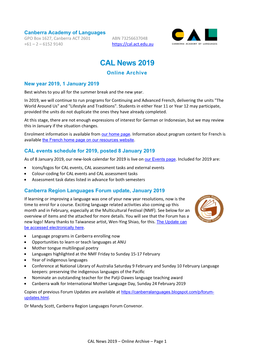 CAL News Archive 2019