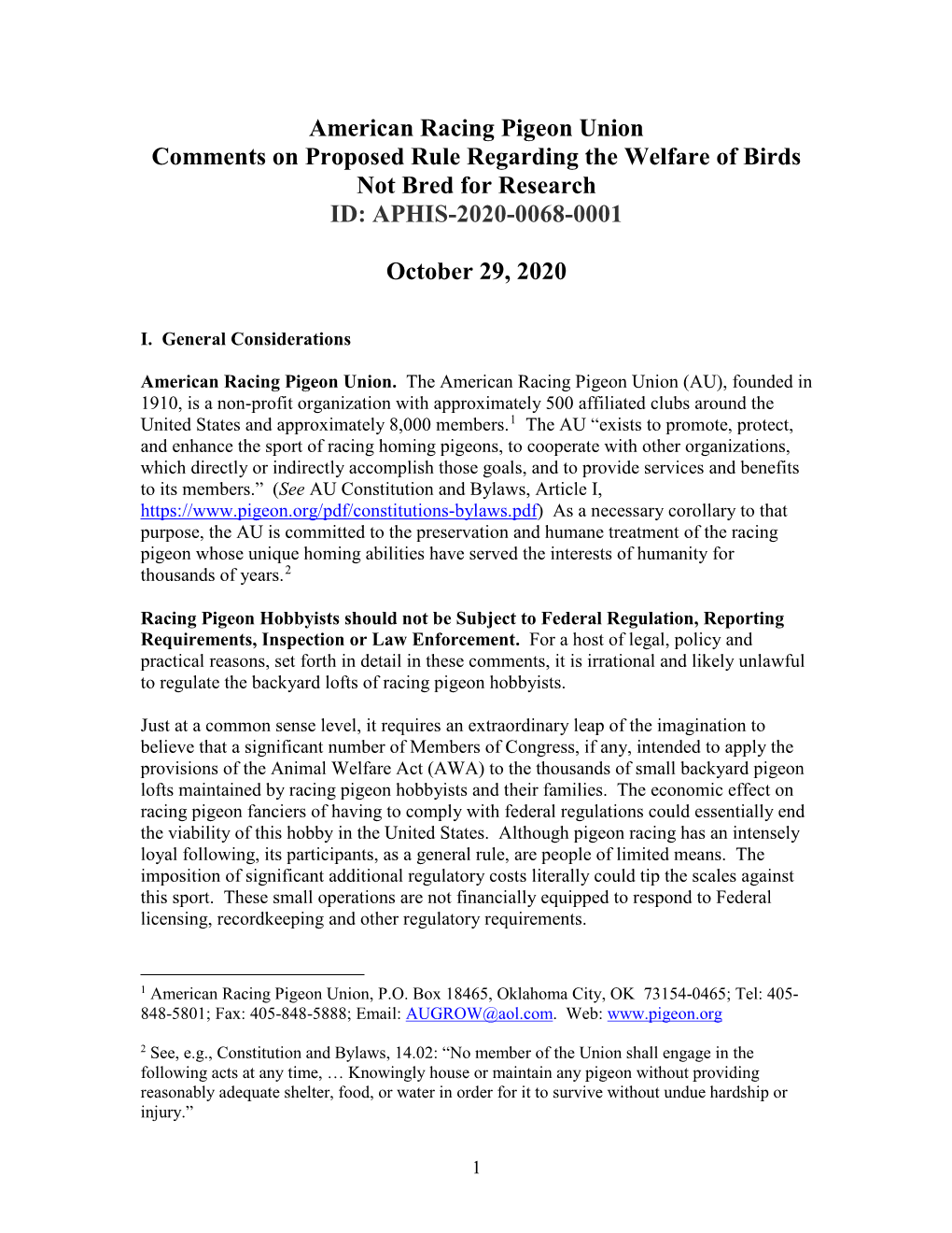 American Racing Pigeon Union Comments on Proposed Rule Regarding the Welfare of Birds Not Bred for Research ID: APHIS-2020-0068-0001