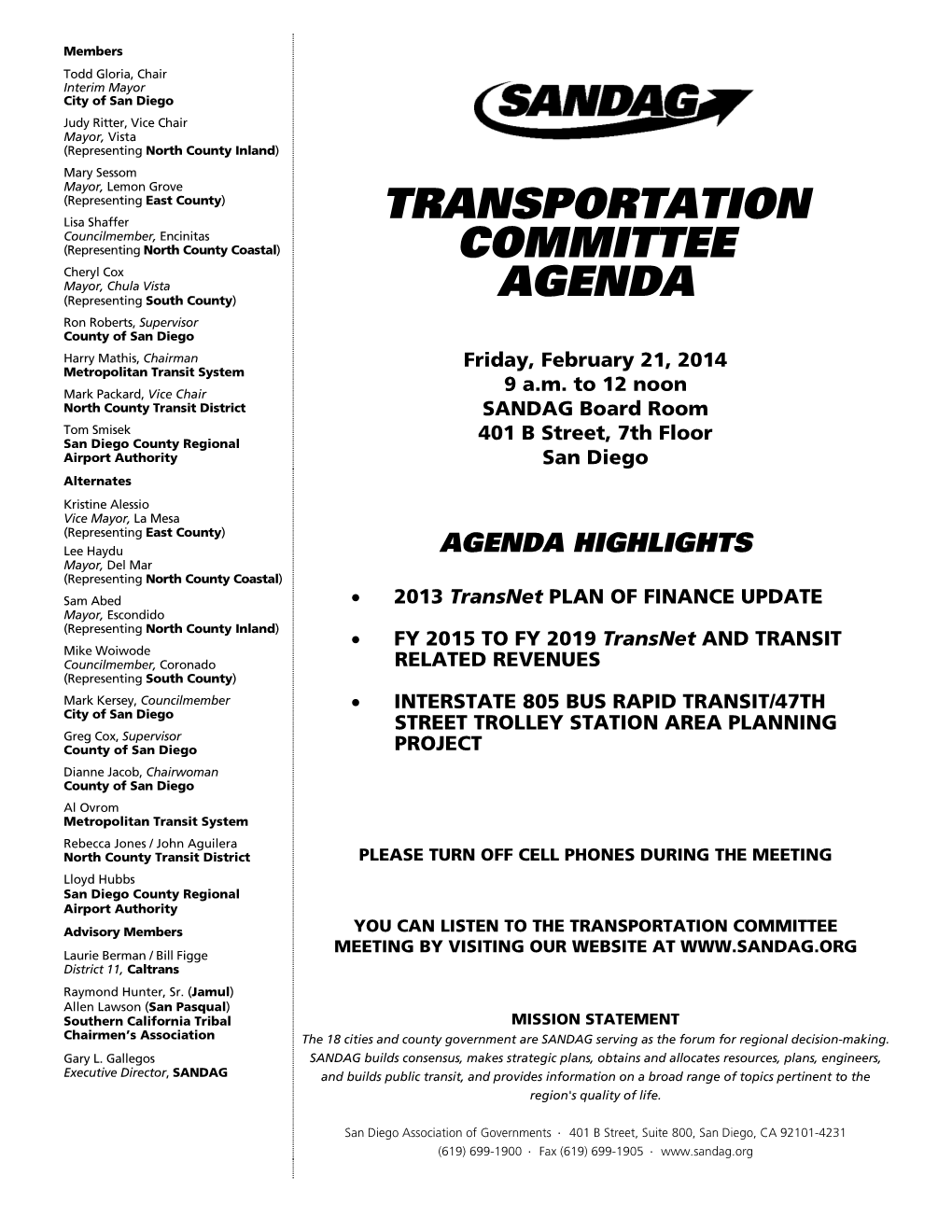 Transportation Committee Agenda