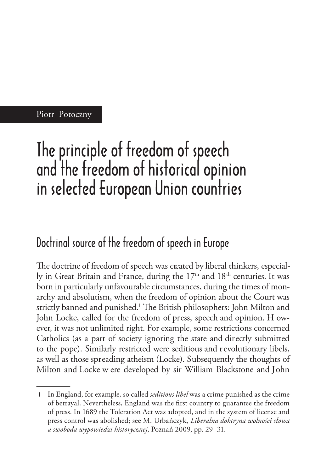 The Principle of Freedom of Speech and the Freedom of Historical Opinion in Selected European Union Countries