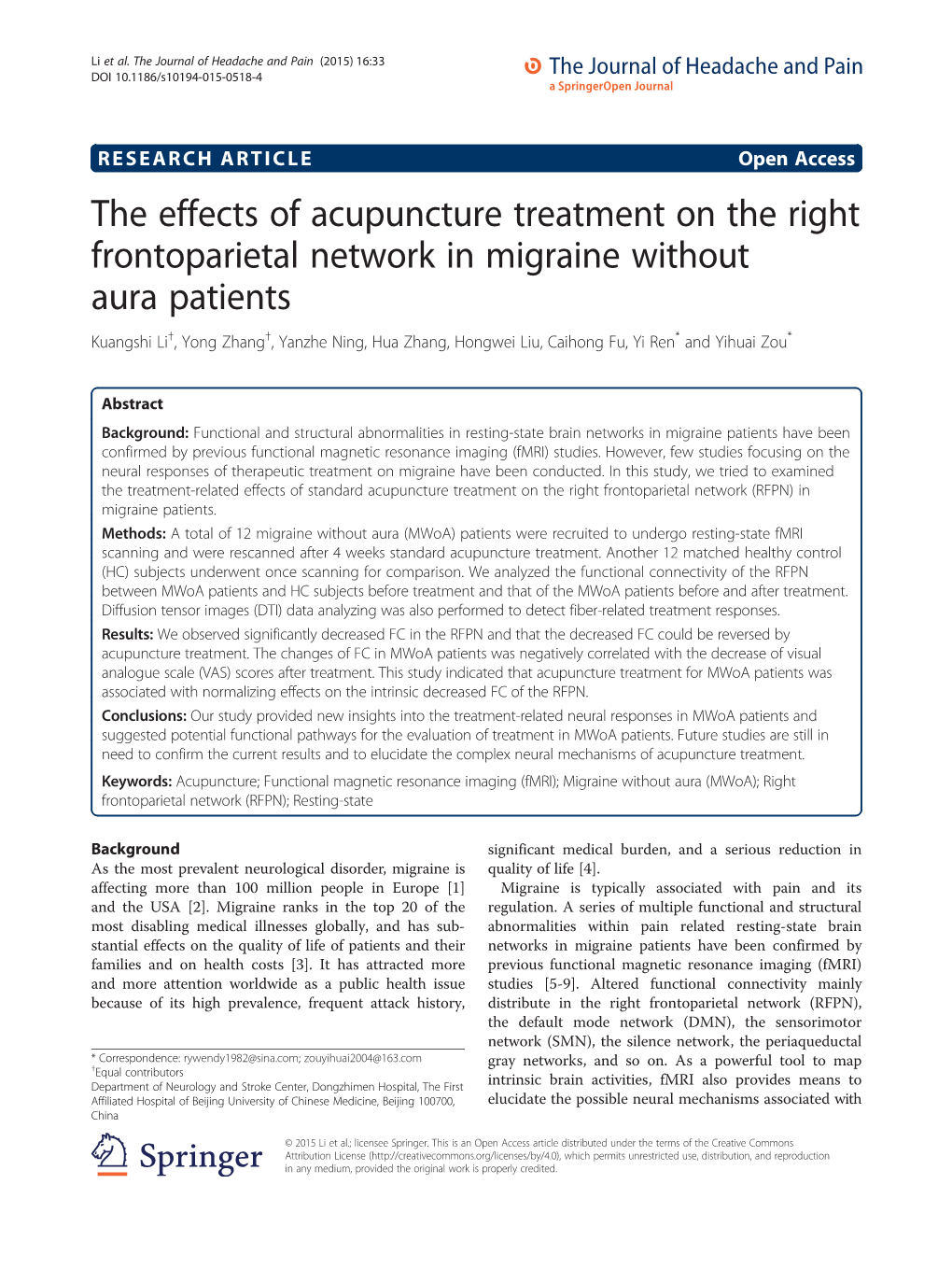 The Effects of Acupuncture Treatment on the Right Frontoparietal Network In