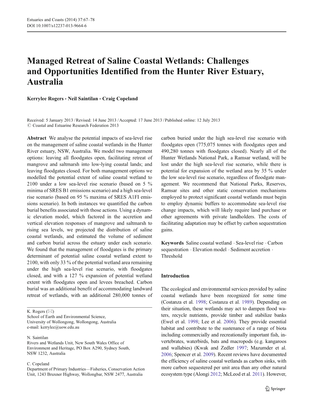 Managed Retreat of Saline Coastal Wetlands: Challenges and Opportunities Identified from the Hunter River Estuary, Australia