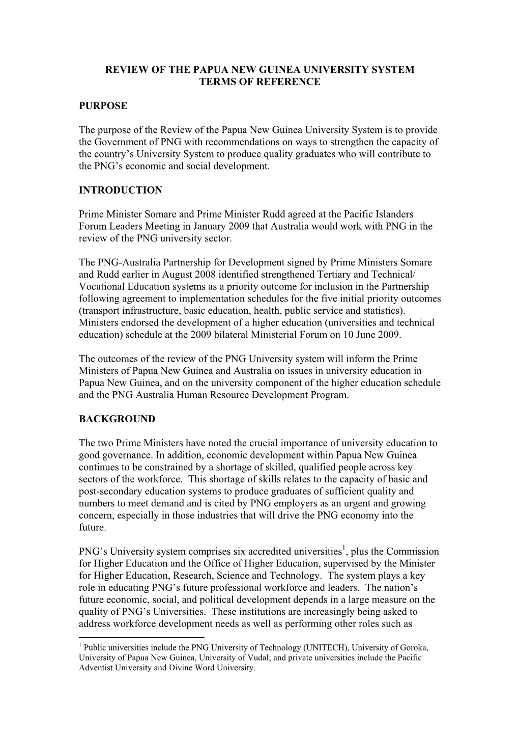 Terms of Reference for the Papua New Guinea Universities Review