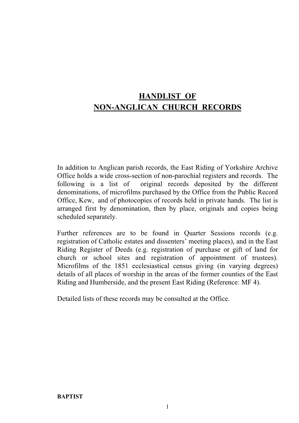 Handlist of Non-Anglican Church Records