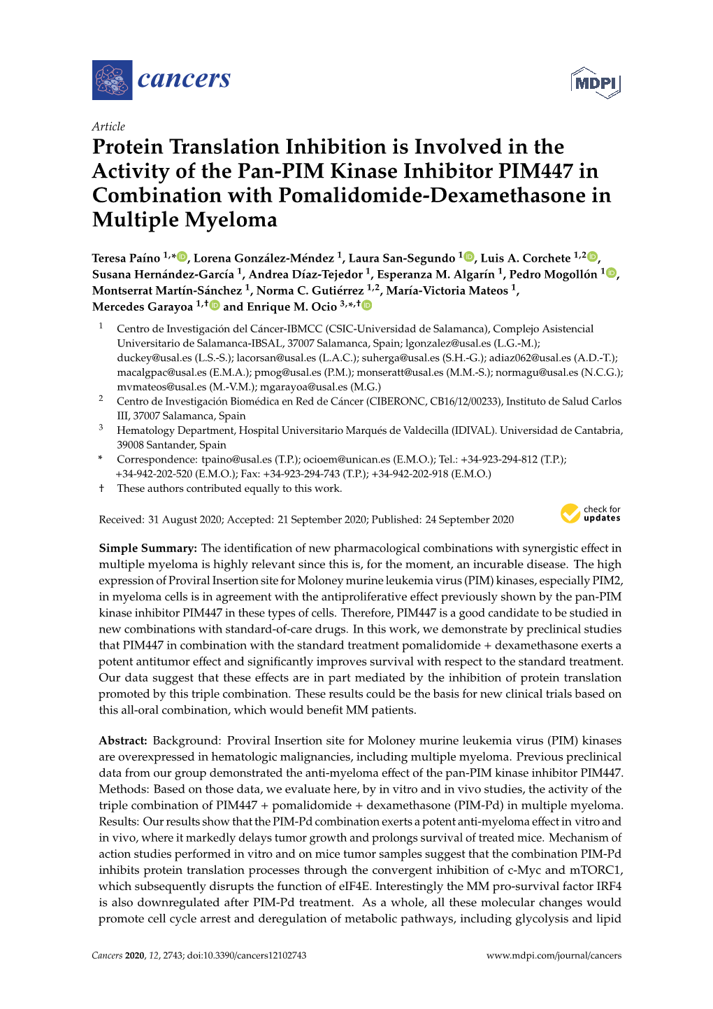 Protein Translation Inhibition Is Involved in the Activity of the Pan-PIM Kinase Inhibitor PIM447 in Combination with Pomalidomide-Dexamethasone in Multiple Myeloma