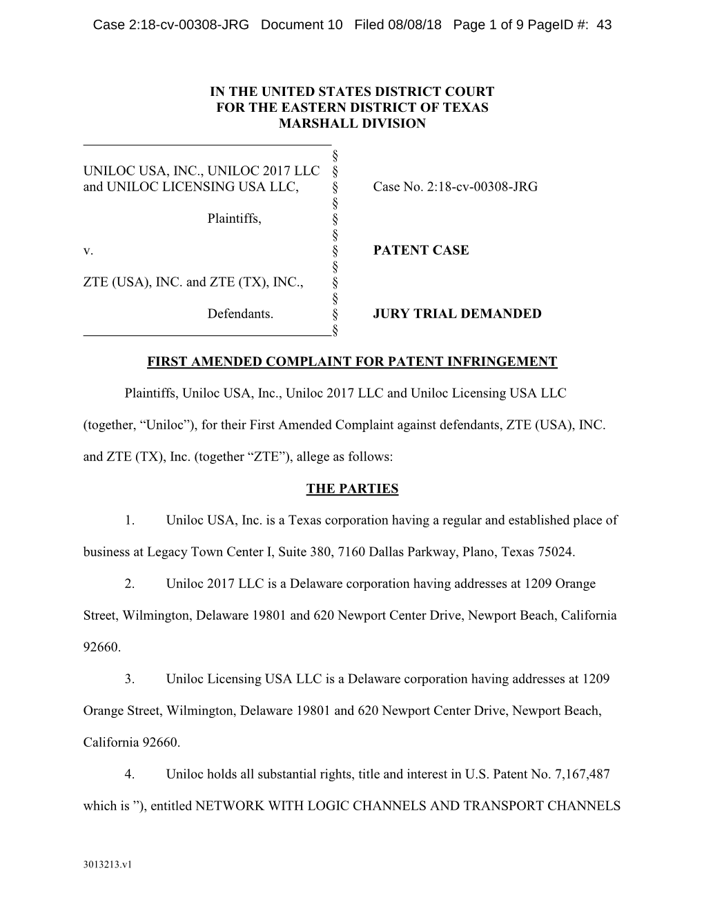 Case 2:18-Cv-00308-JRG Document 10 Filed 08/08/18 Page 1 of 9 Pageid #: 43