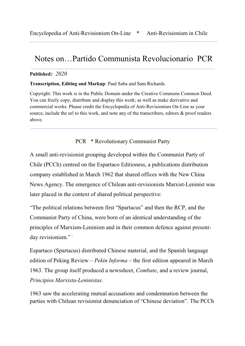 Notes on the Partido Comunista Revolucionario (PCR)