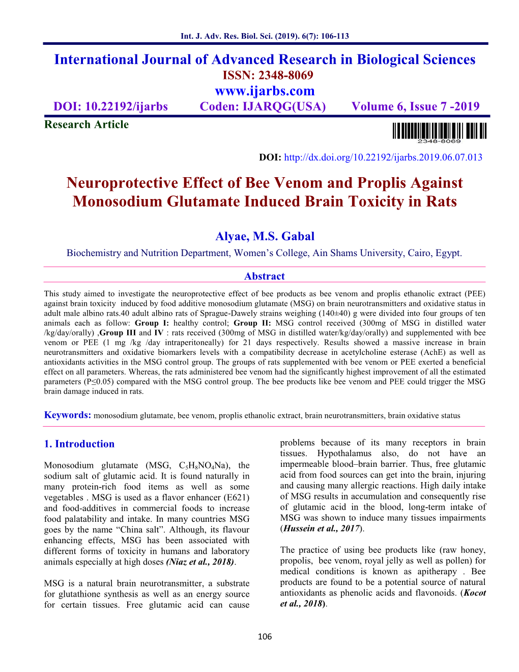 Neuroprotective Effect of Bee Venom and Proplis Against Monosodium Glutamate Induced Brain Toxicity in Rats