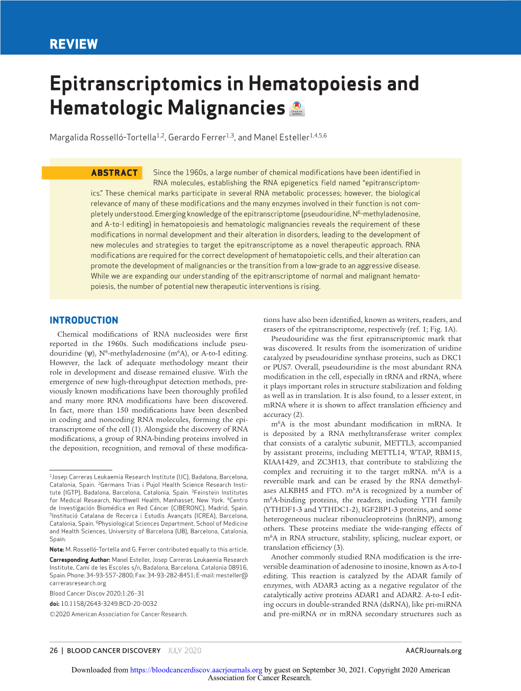 Epitranscriptomics in Hematopoiesis and Hematologic Malignancies