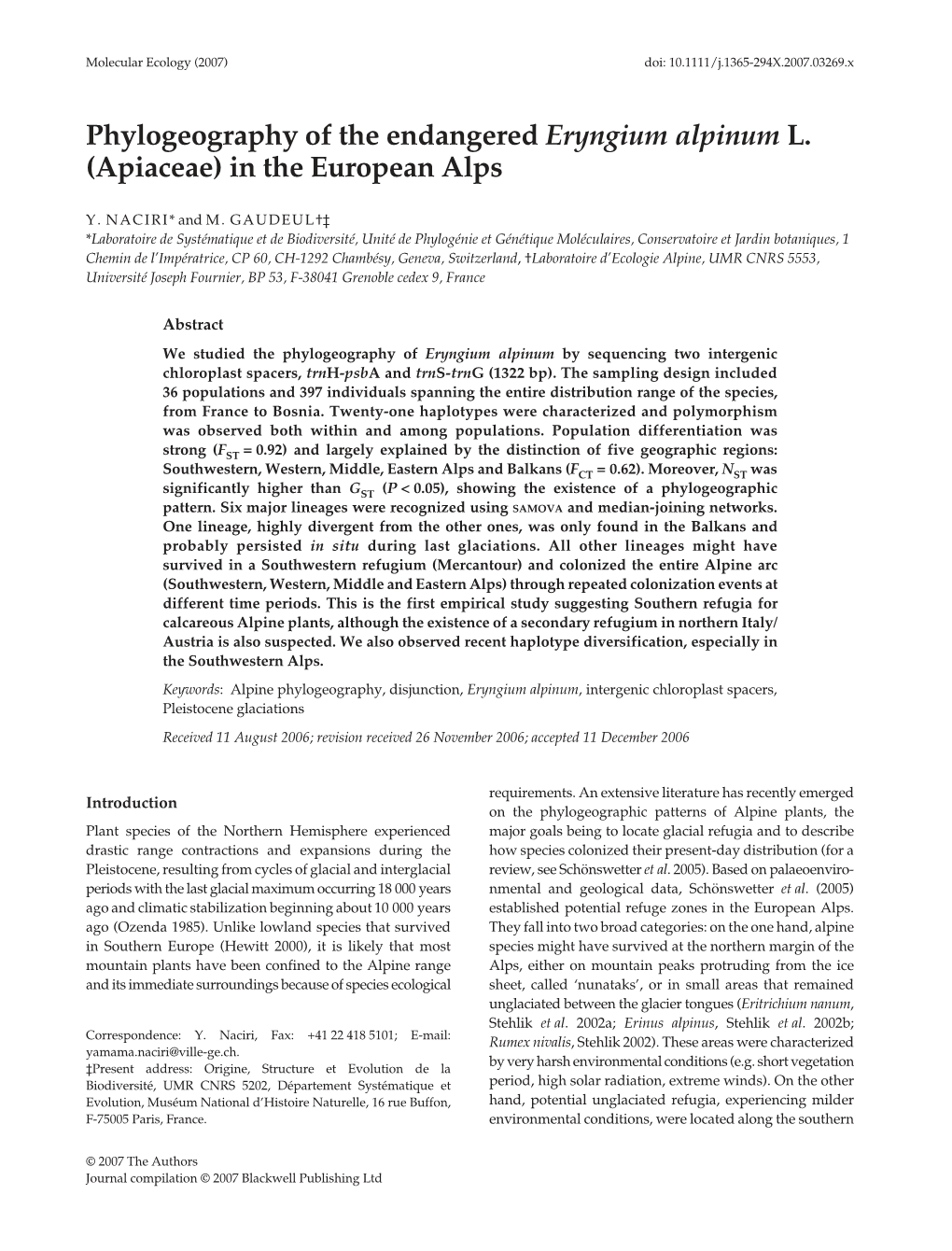 Phylogeography of the Endangered Eryngium Alpinum L. (Apiaceae) In
