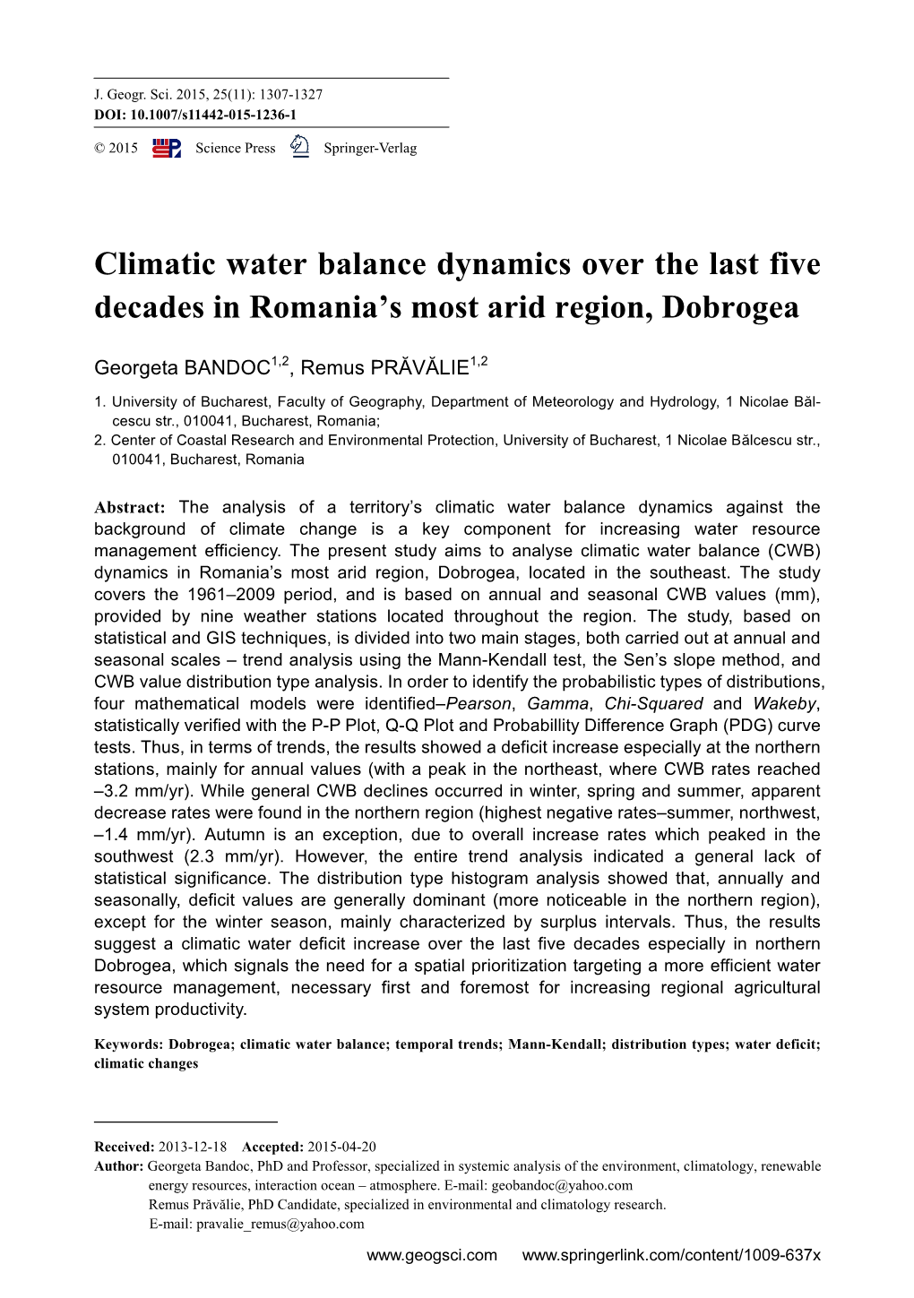 Climatic Water Balance Dynamics Over the Last Five Decades in Romania's