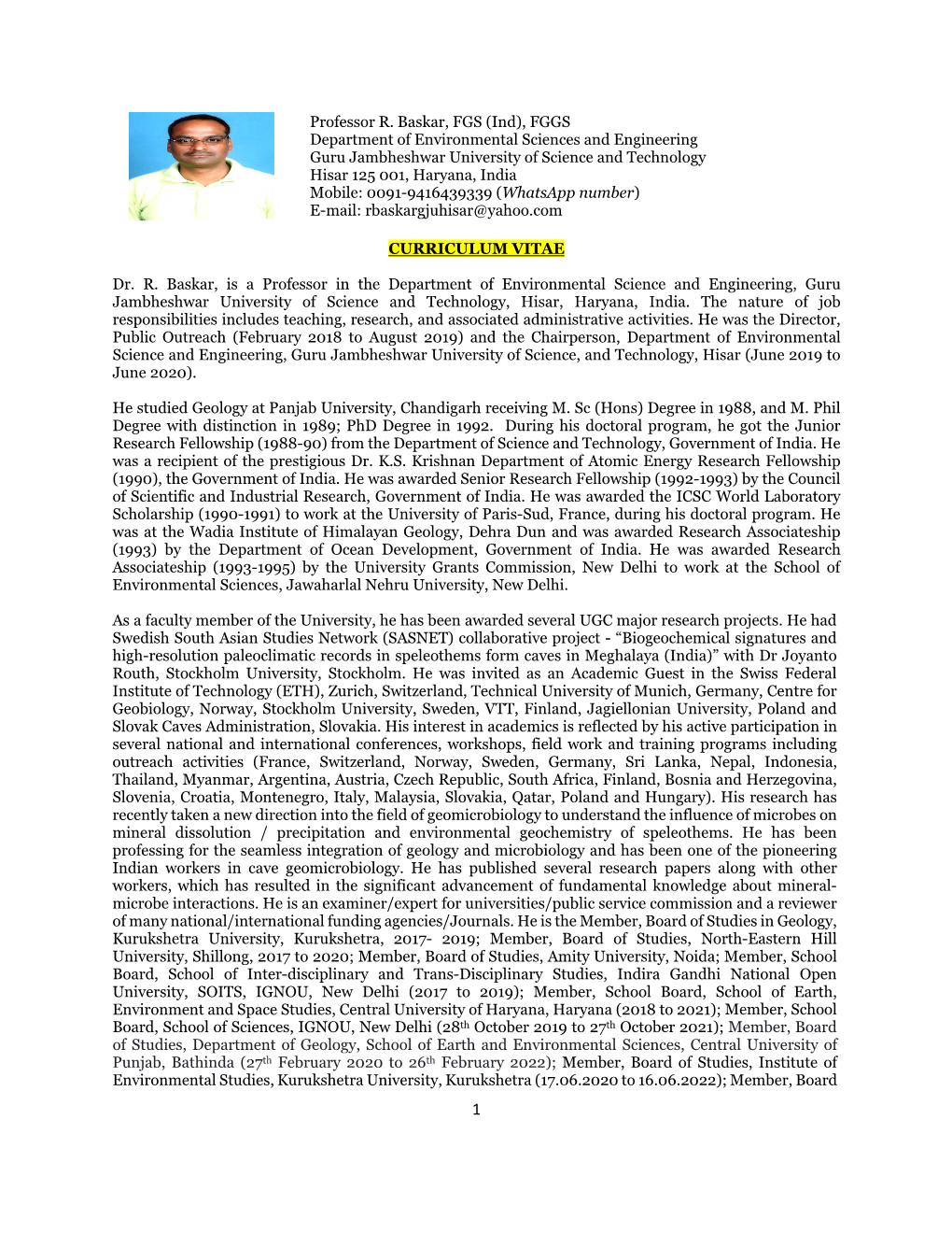 Professor R. Baskar, FGS (Ind), FGGS Department of Environmental