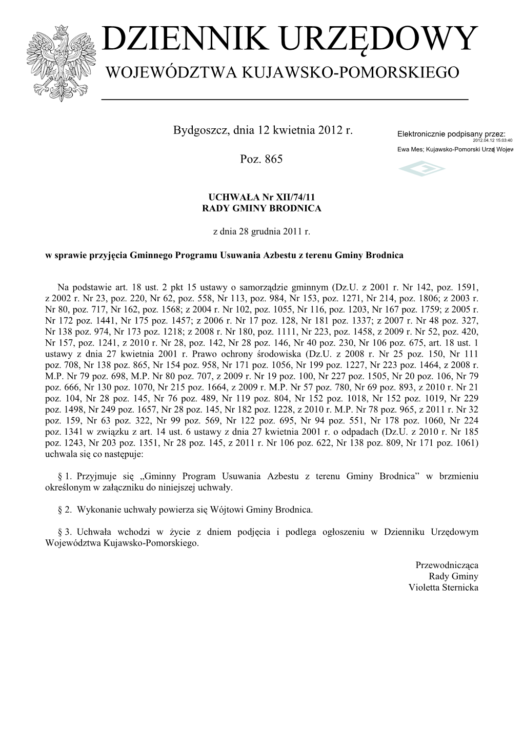 Uchwała Nr XII/74/11 Z Dnia 28 Grudnia 2011 R