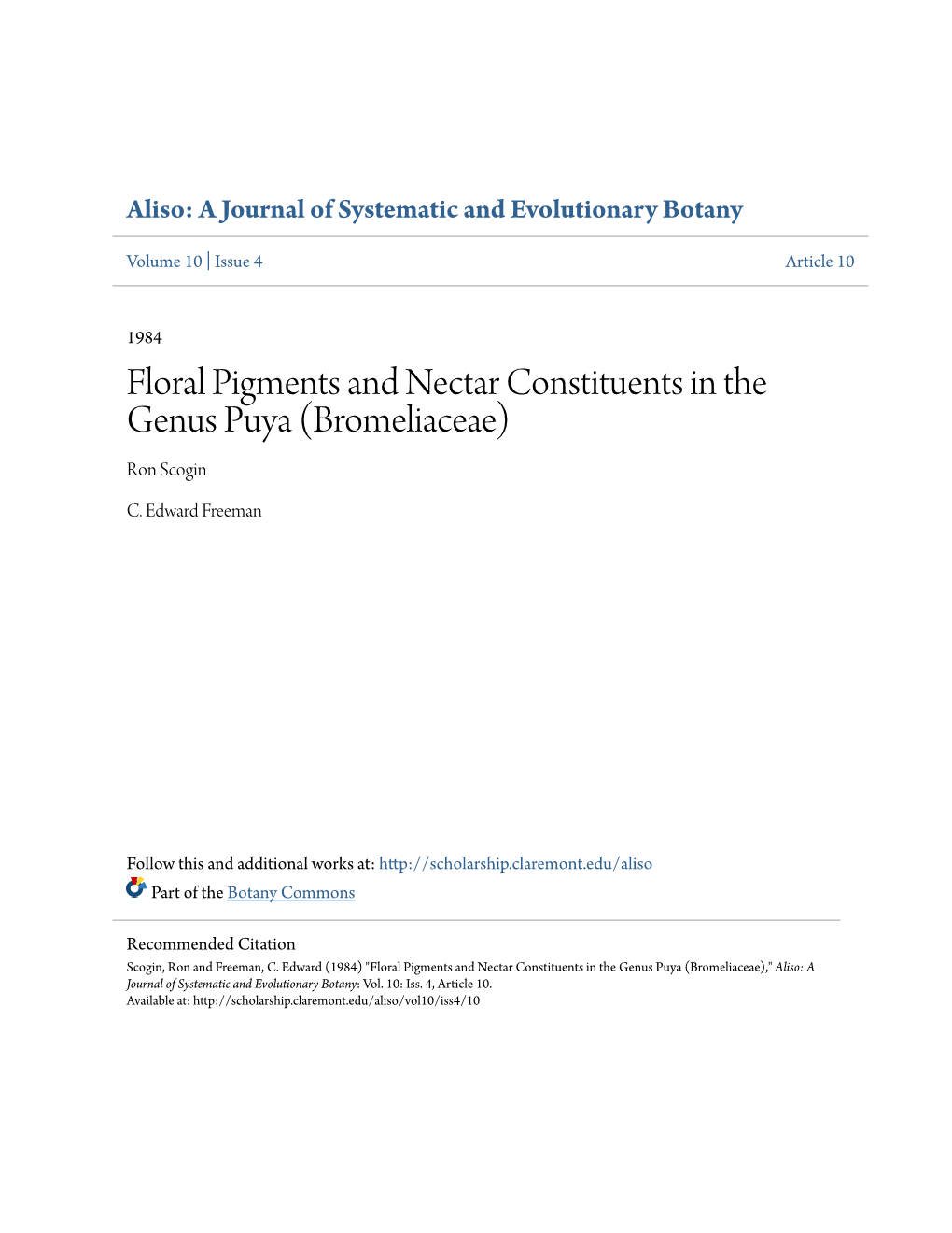 Floral Pigments and Nectar Constituents in the Genus Puya (Bromeliaceae) Ron Scogin