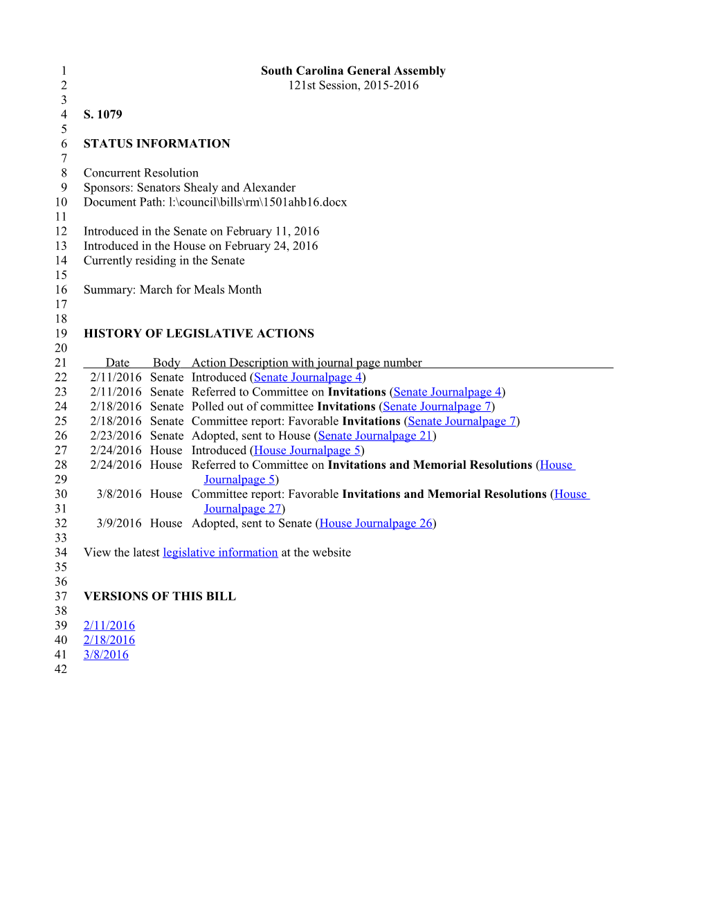 2015-2016 Bill 1079: March for Meals Month - South Carolina Legislature Online