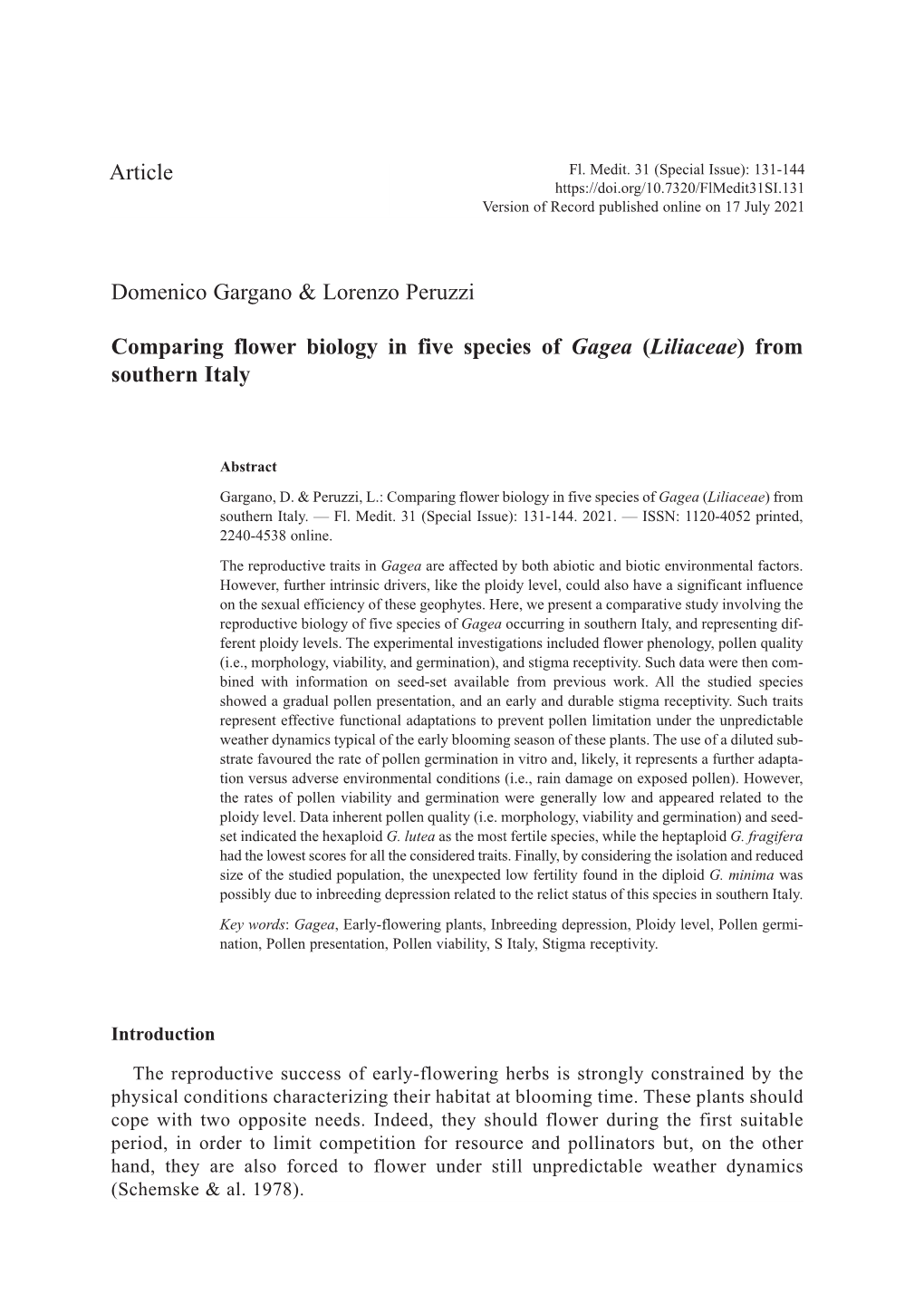 Domenico Gargano & Lorenzo Peruzzi Comparing Flower Biology