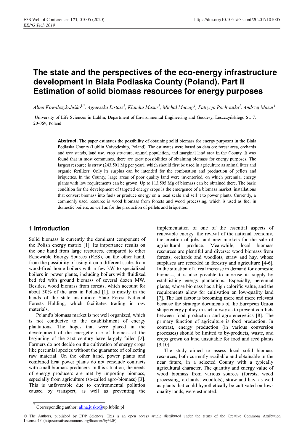 The State and the Perspectives of the Eco-Energy Infrastructure Development in Biała Podlaska County (Poland)
