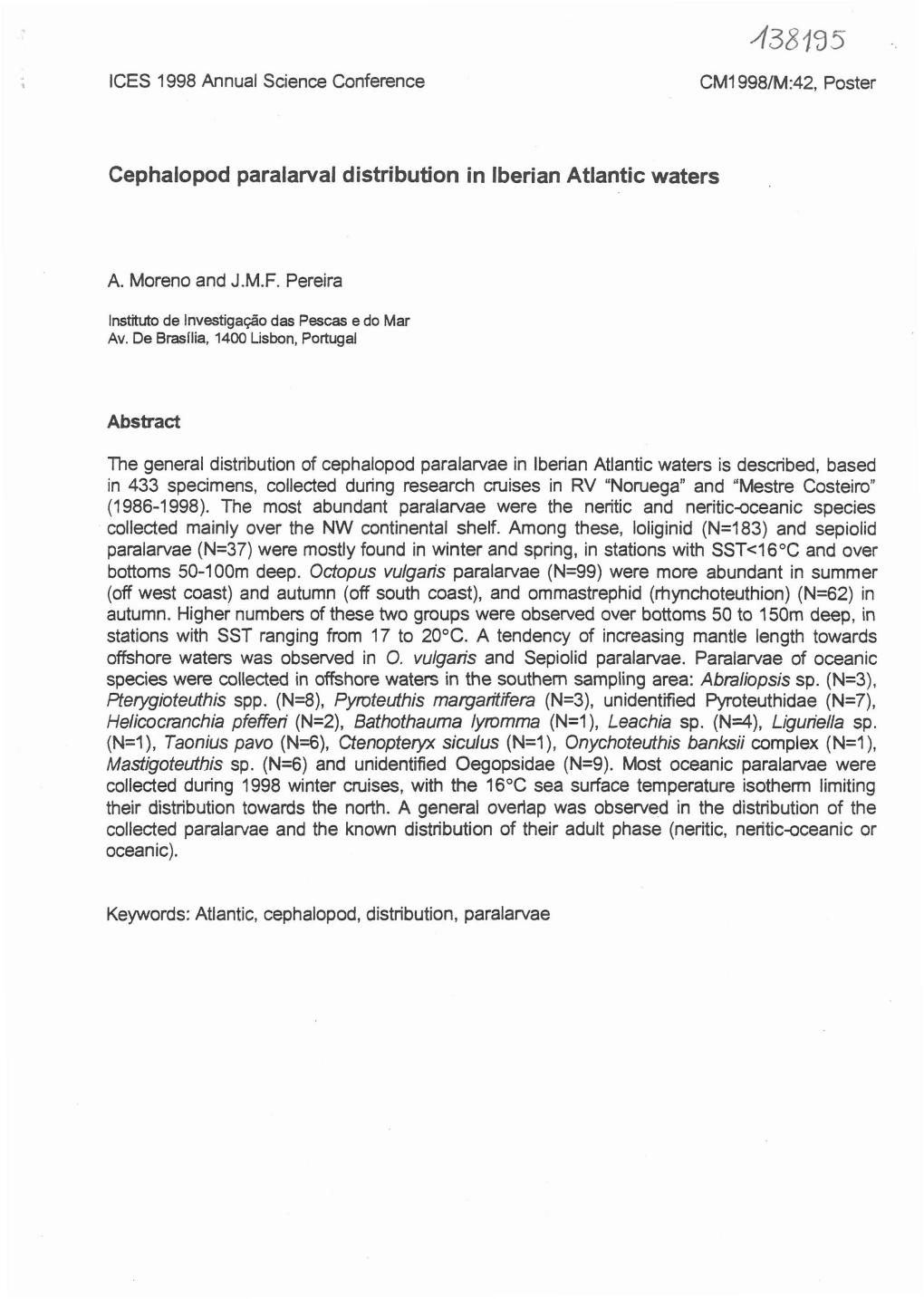 Cephalopod Paralarval Distribution in Iberian Atlantic Waters